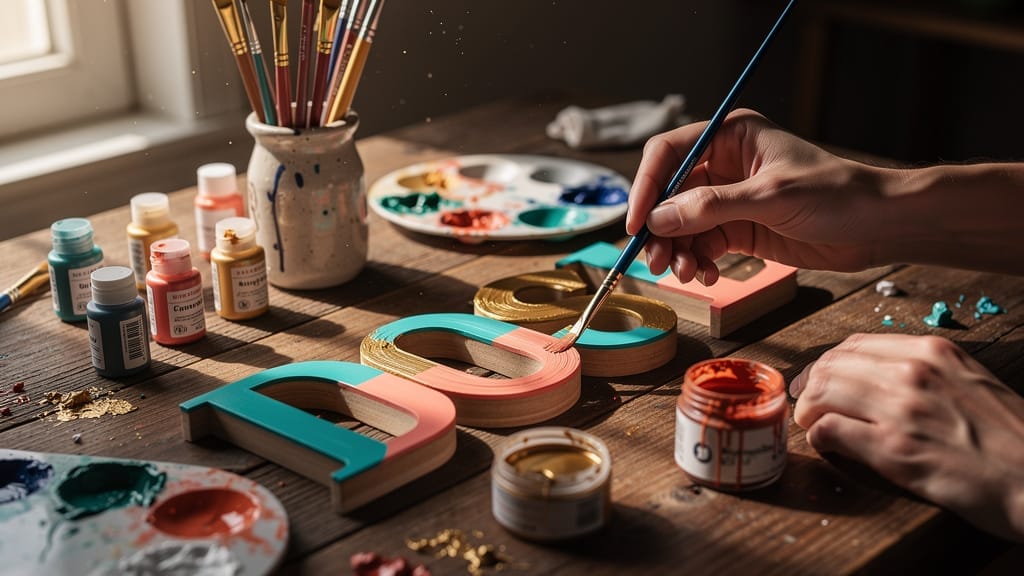 Painting wooden letters with colorful paints for DIY decoration. Wooden letter decoration ideas.