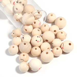 Bulk wooden craft beads with natural wood smiley faces for DIY jewelry making