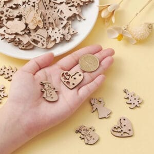 Wooden Christmas tree ornaments: Laser-cut snowman, deer, hearts, and trees. Perfect for holiday crafting and decorating.