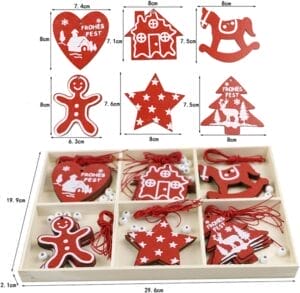 Wholesale Wooden Christmas Ornaments Set: Red and white wooden Christmas ornaments, including hearts, houses, stars, and rocking horses, ready for DIY decorating.