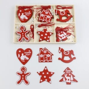 Wholesale Wooden Christmas Ornaments Set: Red and white wooden Christmas ornaments including hearts, houses, stars, gingerbread men, and rocking horses. Perfect for DIY Christmas decor.