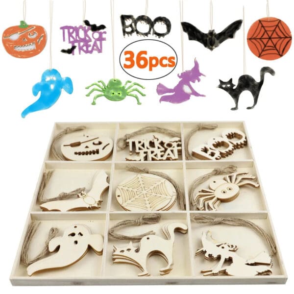 Assorted Halloween decorations, including halloween wood cutouts and hanging ornaments shaped like ghosts, pumpkins, bats, spiders, witches, cats, and phrases, with 36 pieces shown in a divided box.