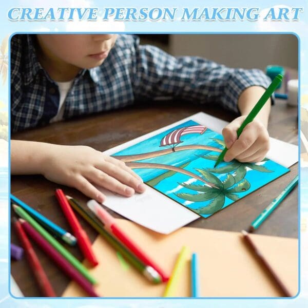 A child uses colored pencils to draw and color a tropical scene with palm trees and a sailboat on paper at a table, surrounded by small wood pieces for added creativity.