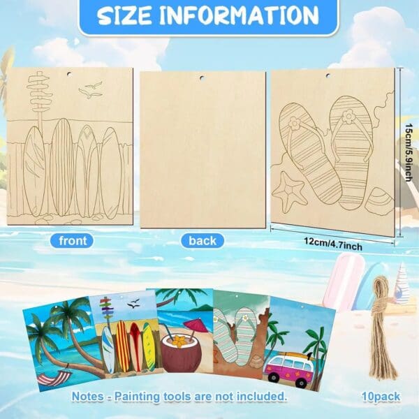 A product image shows wood pieces with beach designs, their dimensions (16cm x 12cm), twine, and examples of finished, colored boards. Painting tools are not included.