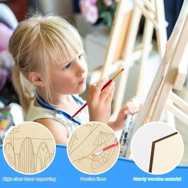 A young girl with blonde hair paints on a canvas at an easel; insets show wood pieces, laser engraving, precise lines, and sturdy wooden material.