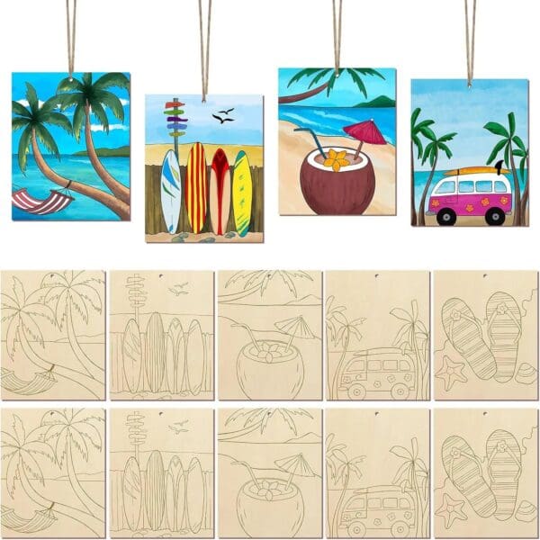 Four painted beach-themed wooden plaques, crafted from wood pieces, with matching unpainted outlined versions below, featuring palm trees, surfboards, a coconut drink, and a van.