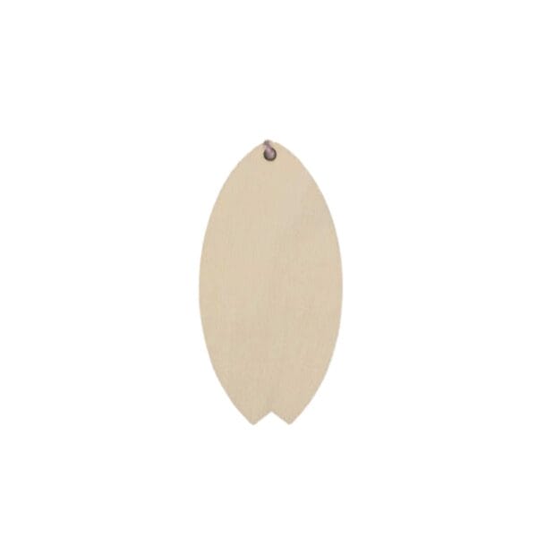A blank, oval-shaped wooden tag resembling Wood Surfboard Cutouts, with a small hole at the top and a notched bottom edge, set against a white background.