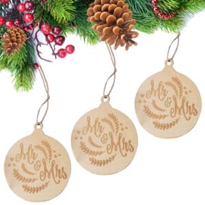 Wholesale 3 Pcs Wooden Christmas Tree Ornaments: Set of three ball-shaped wood ornaments, laser-engraved with "Mr & Mrs," perfect for Christmas tree decorations.