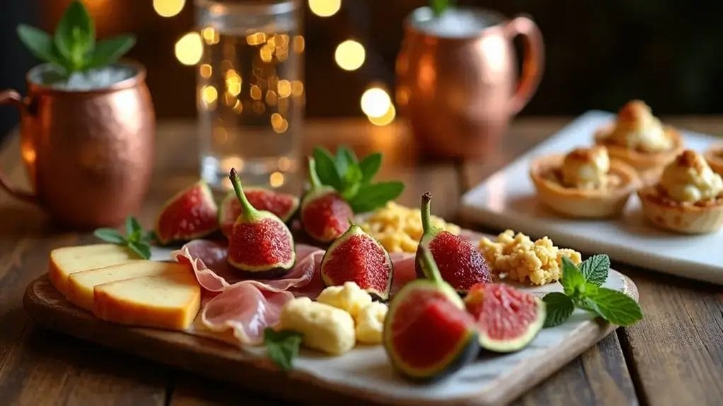 A tray with figs, cheese, prosciutto, and herbs. Copper mugs and water glasses in background. Warm lights create a cozy ambiance.