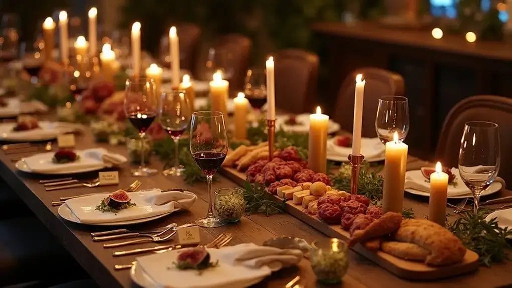 A long wooden table set for a formal dinner with lit candles, wine glasses, plates with figs, charcuterie, bread, and greenery as decoration.