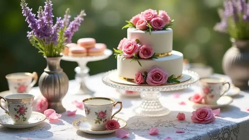 A two-tiered cake with pink roses is on a table set with floral teacups, a bouquet of lavender, and pink macarons, all on a lace tablecloth.