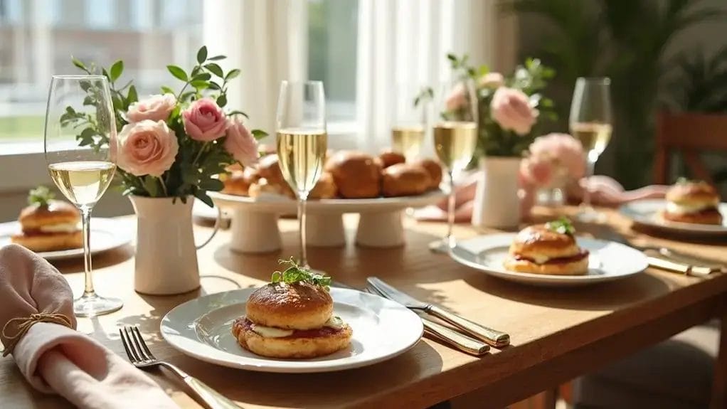 A sunlit table set with plates of sandwiches, glasses of champagne, and floral centerpieces in a cozy dining room.