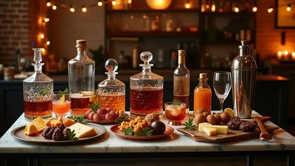 A table with various liquor bottles, crystal decanters, glasses, cocktails, sliced oranges, assorted cheeses, nuts, meats, and decorative greenery in a warmly lit room.
