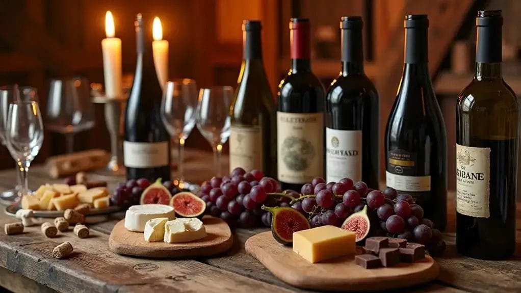 A rustic table set with various wine bottles, cheese, figs, grapes, chocolate, wine glasses, and lit candles, creating an inviting atmosphere.