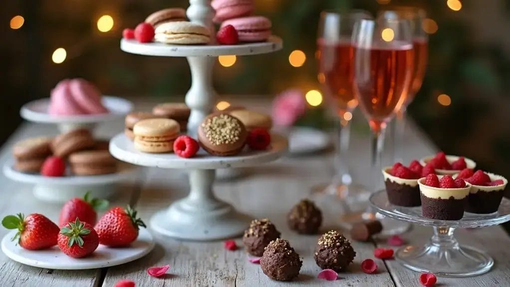 A dessert table with macarons, chocolate truffles, strawberries, mini cheesecakes, and two glasses of pink sparkling wine, set in front of a blurred background with warm lighting.