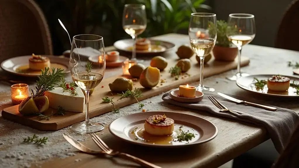 A wooden table is set with plates of desserts, wine glasses, lit candles, and scattered lemons. White wine is poured in glasses.