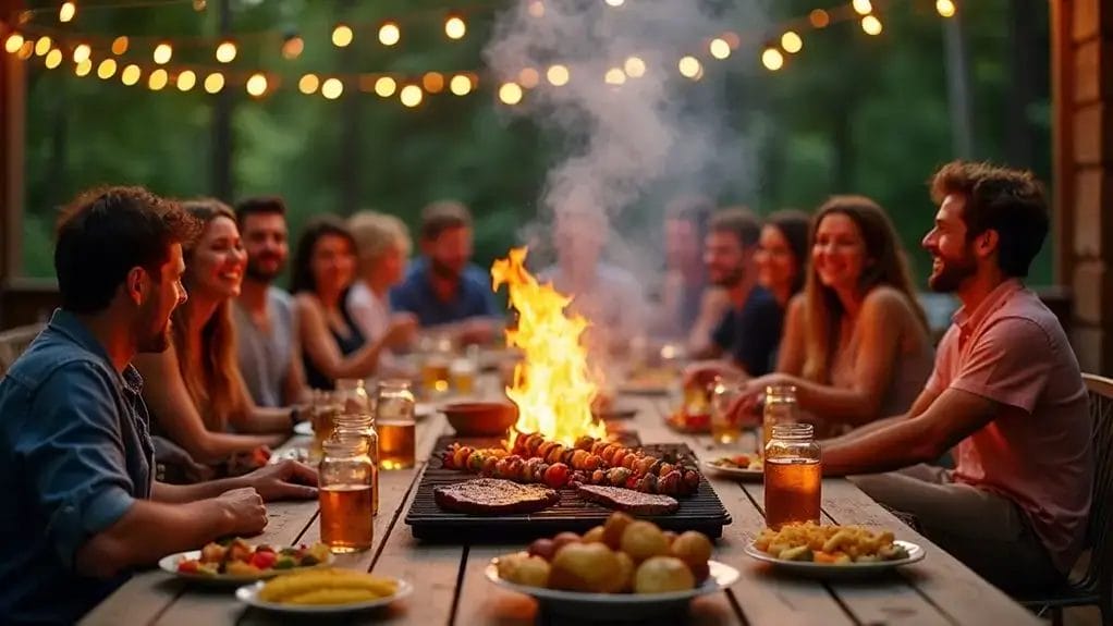 People enjoying an outdoor barbecue at a long wooden table. Grilled food and drinks are visible. String lights are overhead, and trees are in the background.