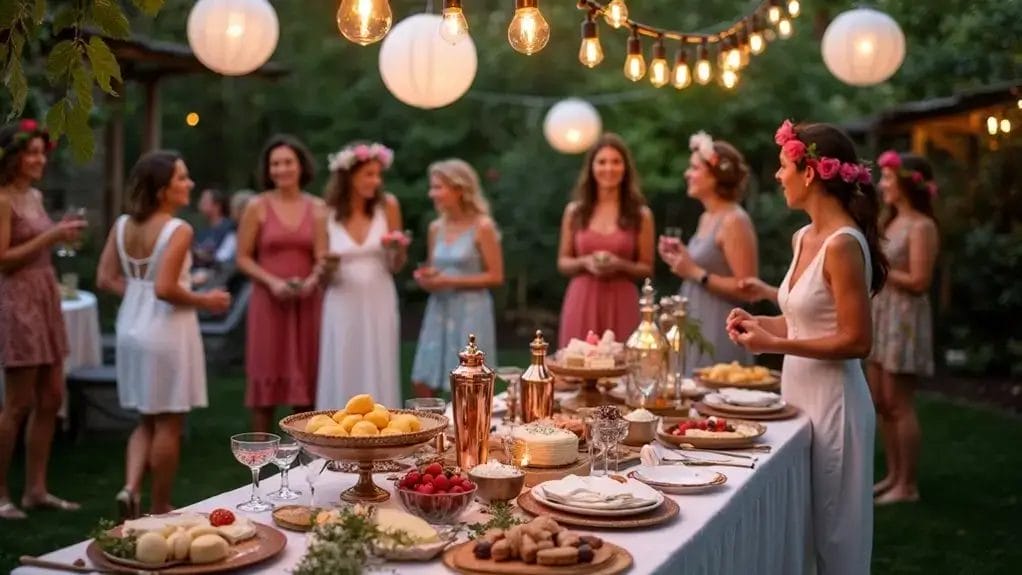 Women in dresses and floral crowns stand by a table with food and drinks at an outdoor gathering. Hanging lights and lanterns illuminate the scene.