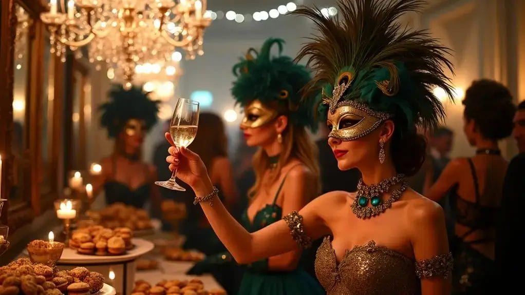 A woman in an ornate mask raises a glass at a luxurious masquerade party. Tables with candles and pastries are in the background.