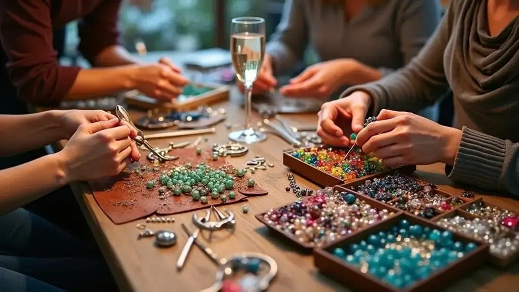 Four people crafting beaded jewelry at a table with assorted beads, tools, and a glass of wine.