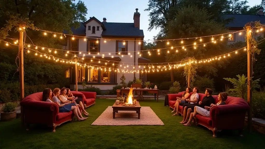 A group of people sits on sofas around a fire pit in a backyard, with string lights overhead. A house with lit windows is visible in the background.