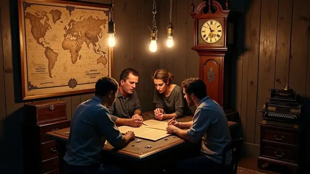 Four people are gathered around a wooden table, examining a large, old map under warm lighting. A vintage clock and typewriter are in the background.