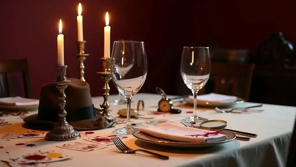 A dining table with three lit candles, wine glasses, a hat, clock, and cards. Tablecloth has red stains and a magnifying glass. Dimly lit room with dark red walls.
