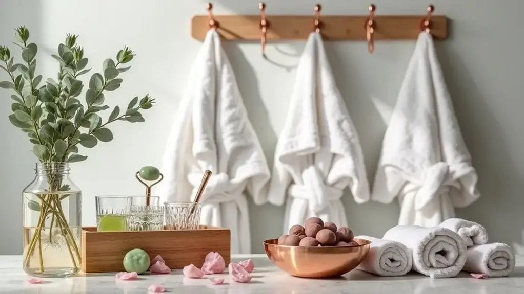 Bathroom interior with hanging white robes and a wooden rack. A table holds a plant, rolled towels, glassware, a jade roller, and a copper bowl with pink bath bombs. Rose petals scattered.