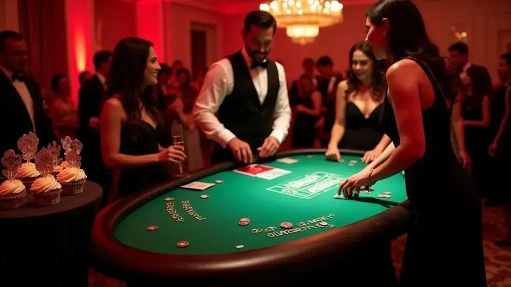People in formal attire playing blackjack at a casino-themed event. A man and three women stand around a green table. Cupcakes are on a nearby table. The room is illuminated with red lighting.