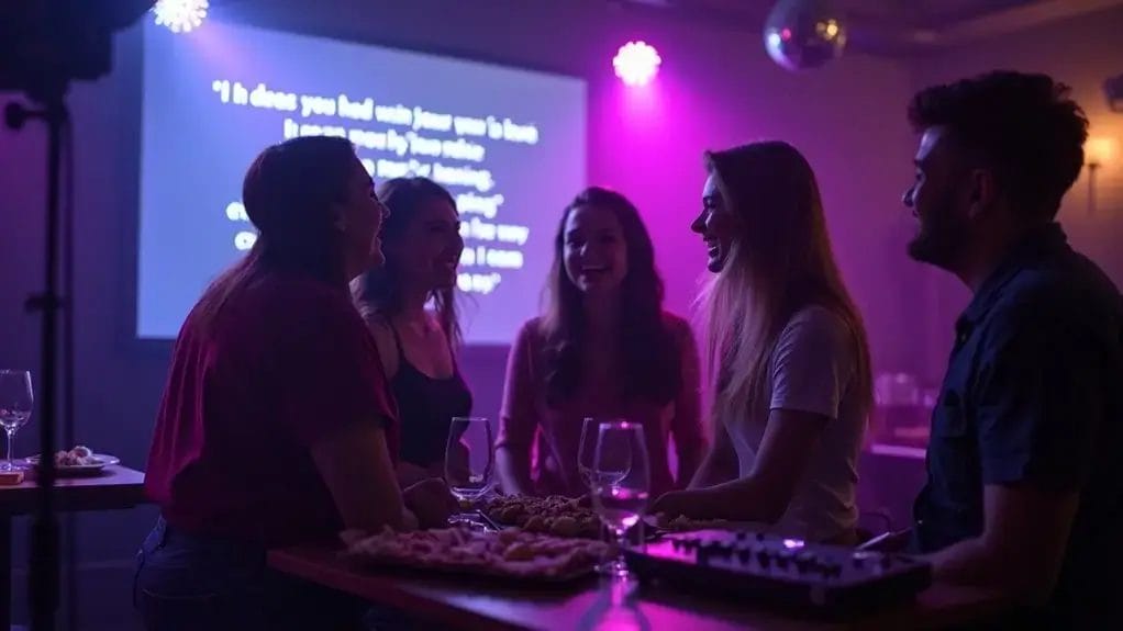 Five people sit around a table with snacks and drinks in a dimly lit room, while song lyrics are projected on a screen behind them.