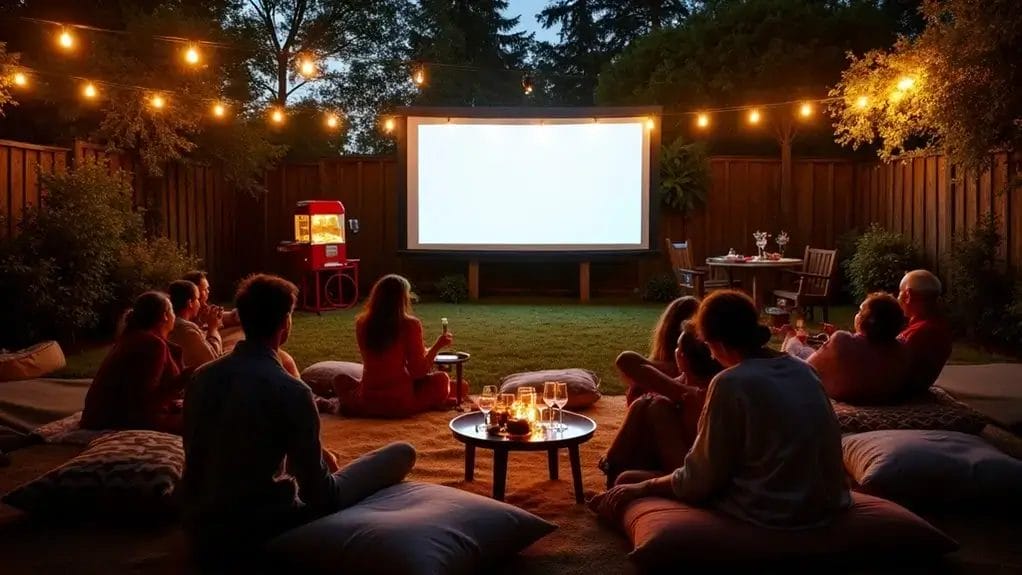 People sitting outdoors at night watching a movie on a large screen. String lights hang overhead, and there are candles and a popcorn machine nearby.
