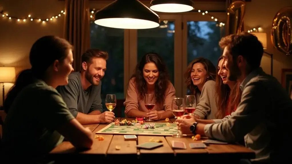 A group of friends sits around a table playing a board game, smiling and laughing. They have drinks, and fairy lights decorate the room.
