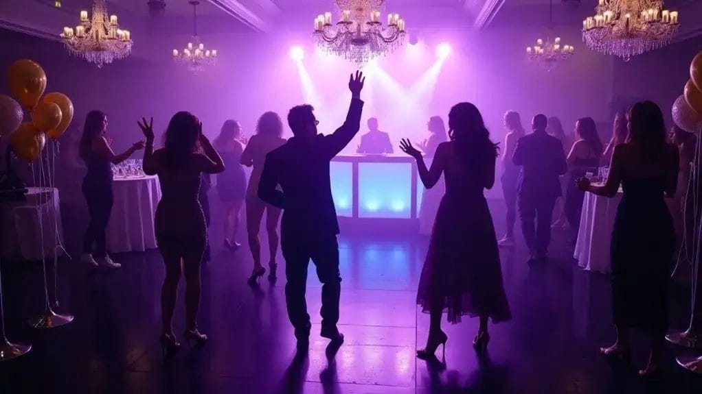 People are dancing in a dimly lit room with purple lighting and chandeliers, while a DJ performs at a booth in the background.