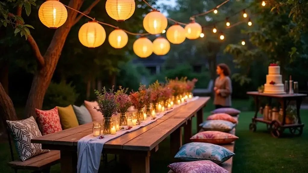 Long wooden outdoor table with flowers and candles. Lanterns and string lights hang above. A woman stands near a cake on a cart. Decorative pillows are on chairs around the table.