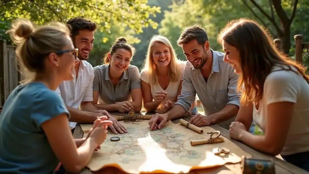 A group of people sit around a wooden table outdoors, looking at a large map, with trees in the background.