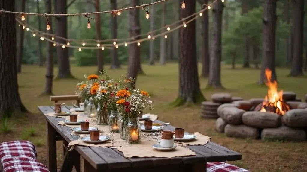 Outdoor dining setup in a forest with a wooden table, floral centerpieces, place settings, string lights above, and a stone fire pit with a lit fire nearby.
