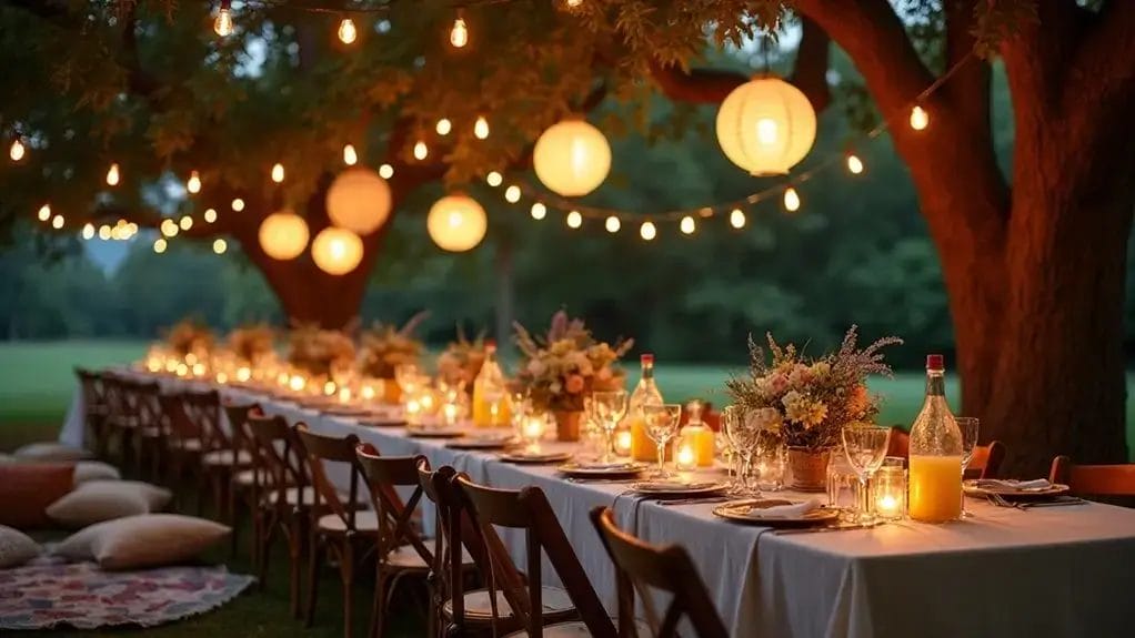 Long outdoor dining table under trees with hanging lights and lanterns, set with candles, flower arrangements, glassware, and bottles. Cushions on the grass nearby. Evening setting.
