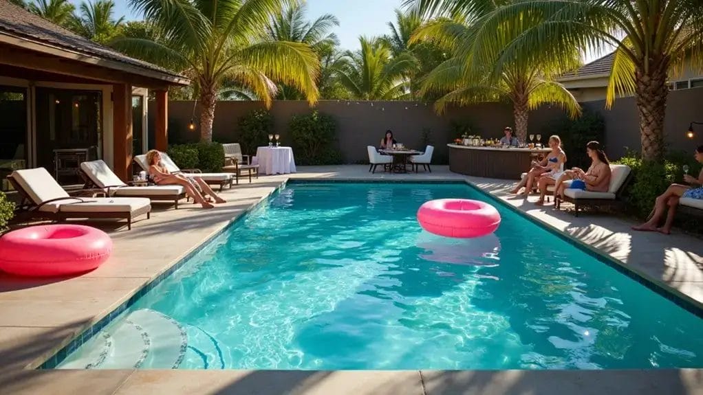 Backyard pool scene with people relaxing on lounge chairs and sitting near the water. Pink inflatable rings float in the pool. Palm trees and greenery surround the area.
