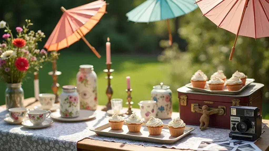 Set in a Retro 50s theme party, the outdoor table features cupcakes, floral teacups, a vintage camera, and decorative umbrellas. Flowers and candles enhance the decor.