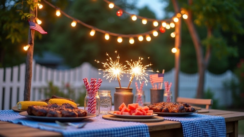 An outdoor table laden with grilled food, watermelon, and corn sets the scene, alongside jars of sparklers. Festive lights and American flags add to the charm—perfect for sparking 4th of July party ideas on Independence Day.