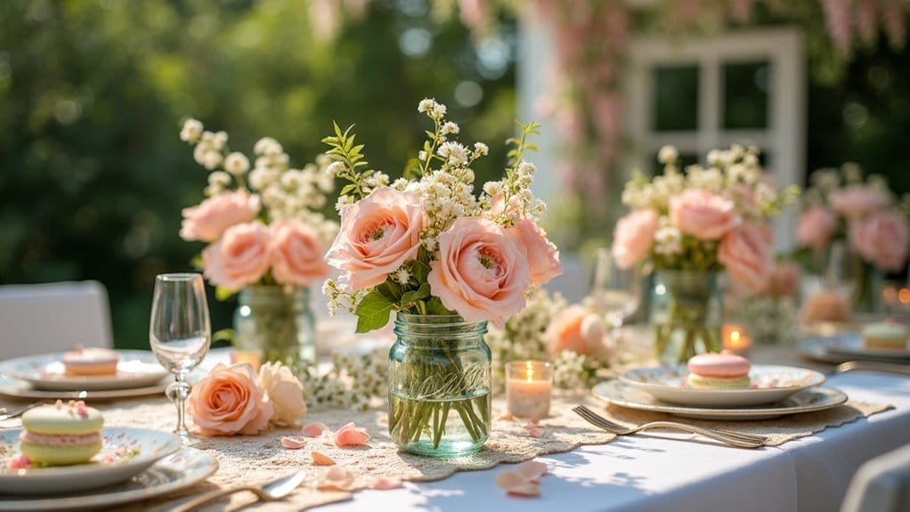 A beautifully set outdoor table with pink roses and white flowers in glass jars, surrounded by plates, macarons, and candles, creates a perfect flower theme party vibe in a lush green garden.