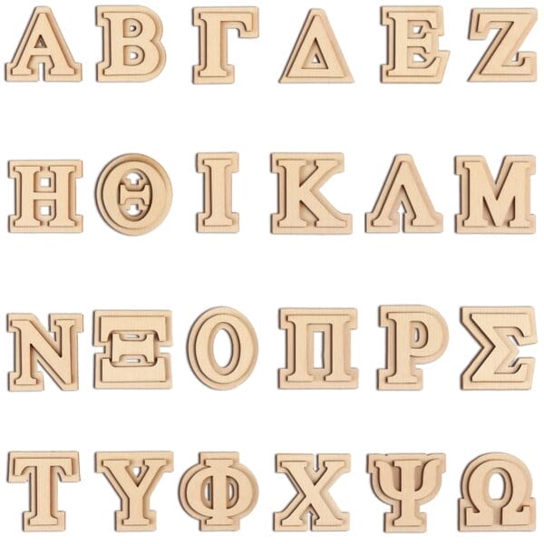 Wooden Greek letters in uppercase are arranged in four neat rows on a white background.