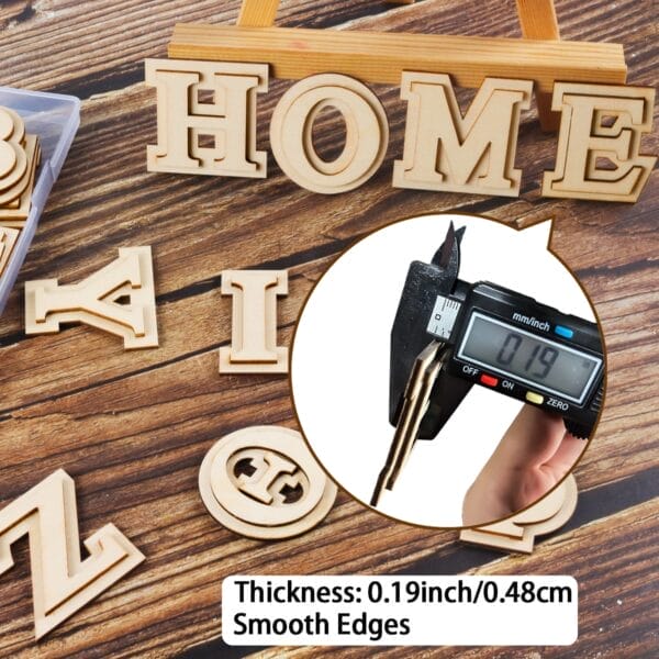 Wooden Greek letters arranged on a table with a digital caliper measuring the thickness as 0.19 inch (0.48 cm); text highlights "Smooth Edges.