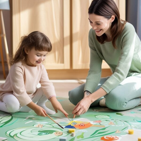 An adult and a child sit on the floor, smiling as they paint together on a large sheet of paper covered with creative drawings and wooden Greek letters.