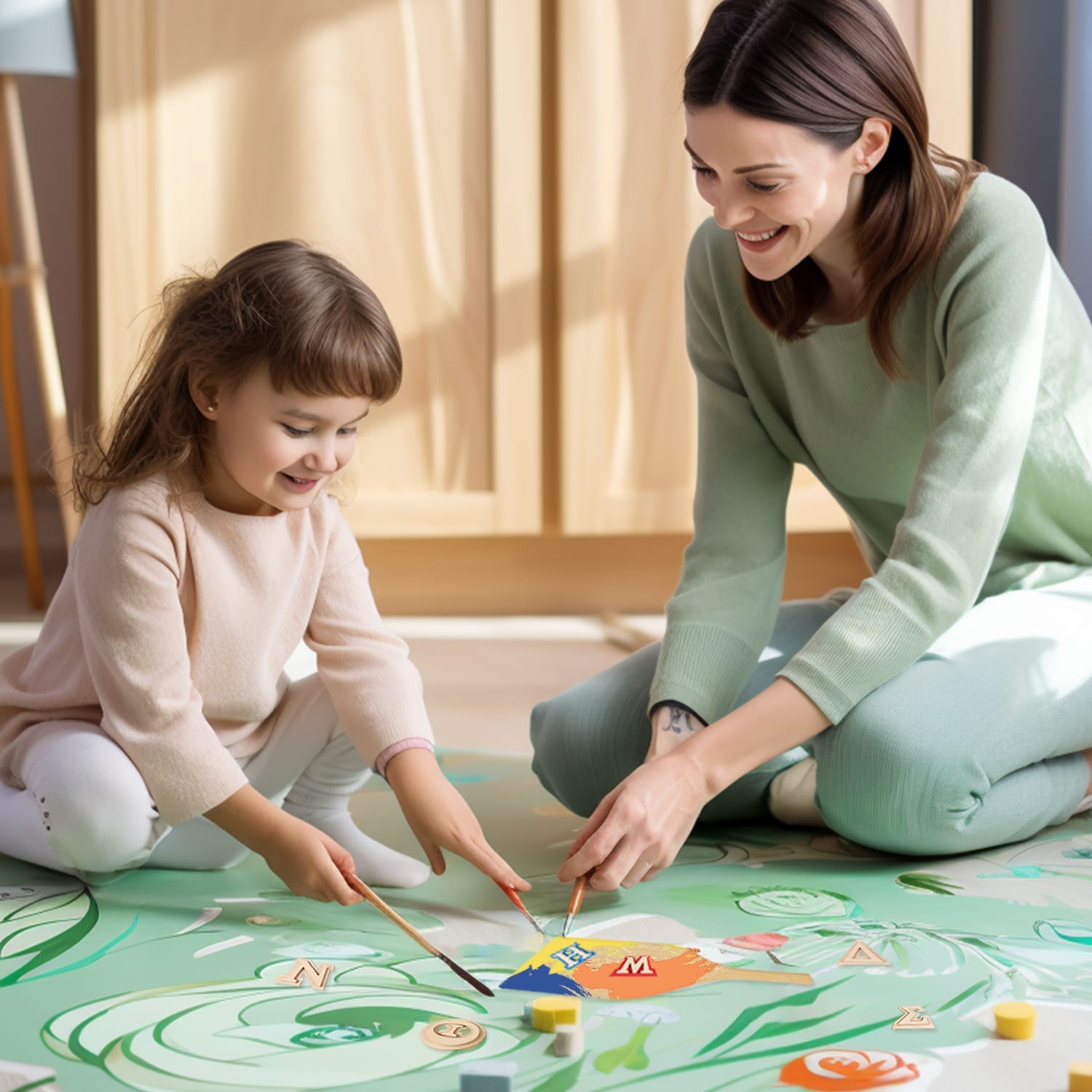 An adult and a child sit on the floor, smiling as they paint together on a large sheet of paper covered with creative drawings and wooden Greek letters.