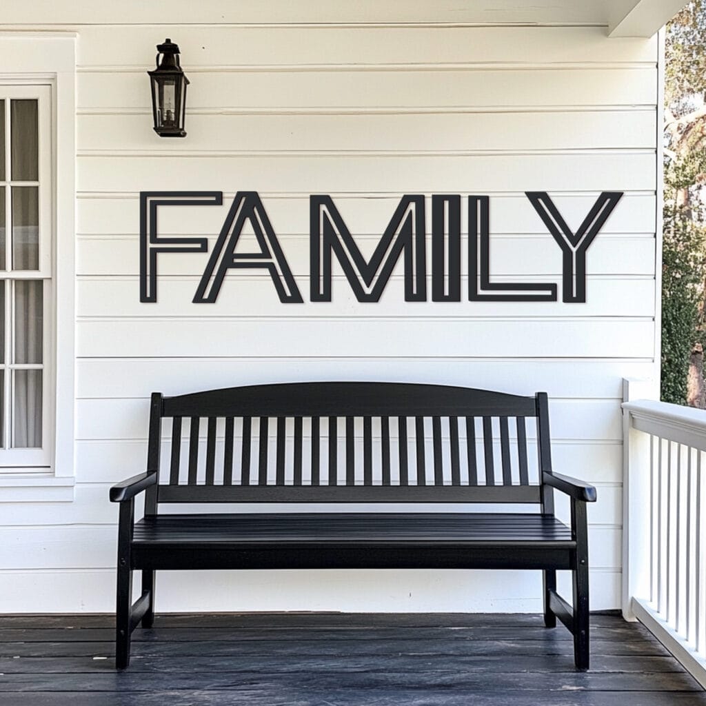 A black bench sits on a white porch beneath a large wall sign that reads "FAMILY" in bold black letters.