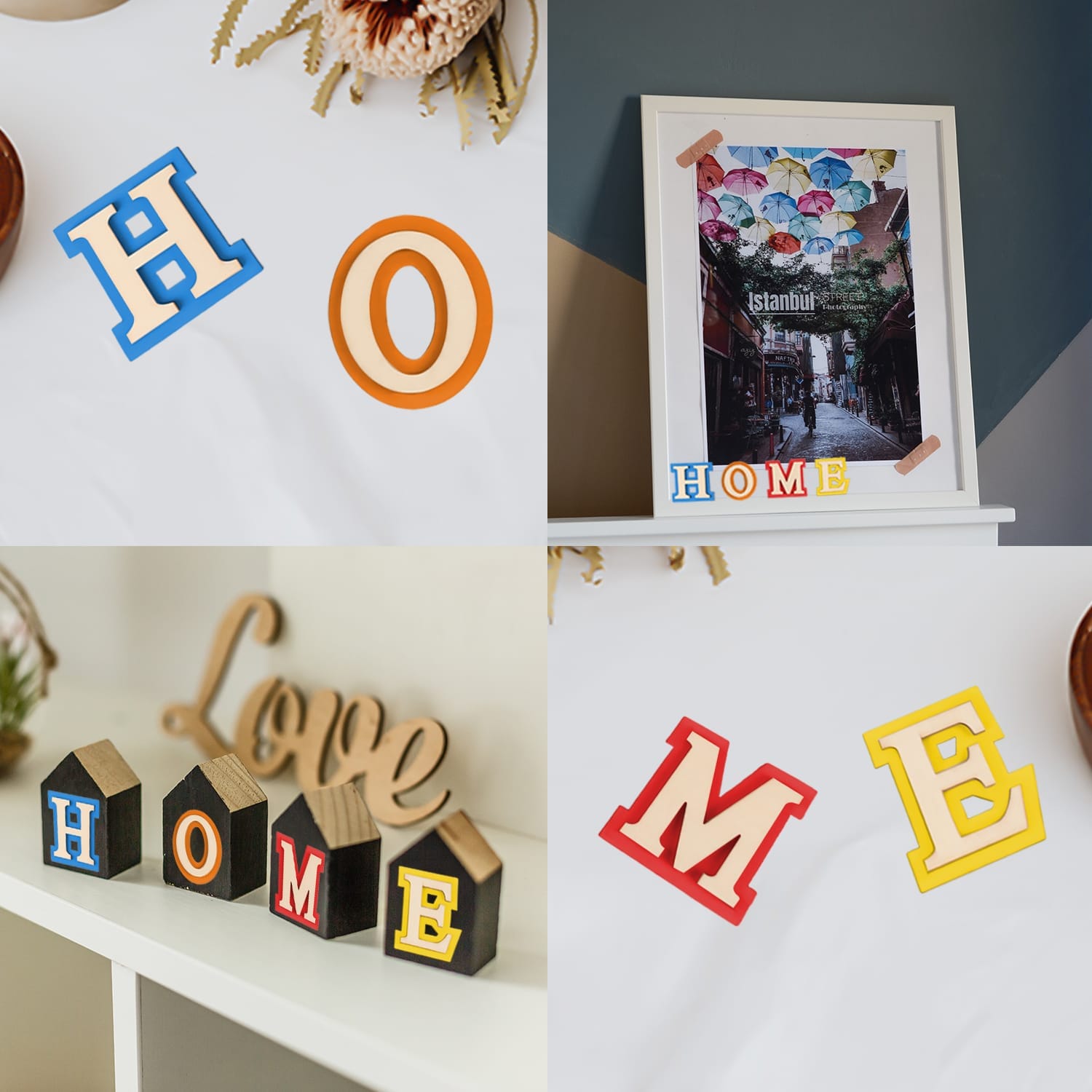 Four images show the word "HOME" formed with colorful wooden Greek letters, arranged on a white surface, wooden blocks, and framed artwork in a home decor setting.