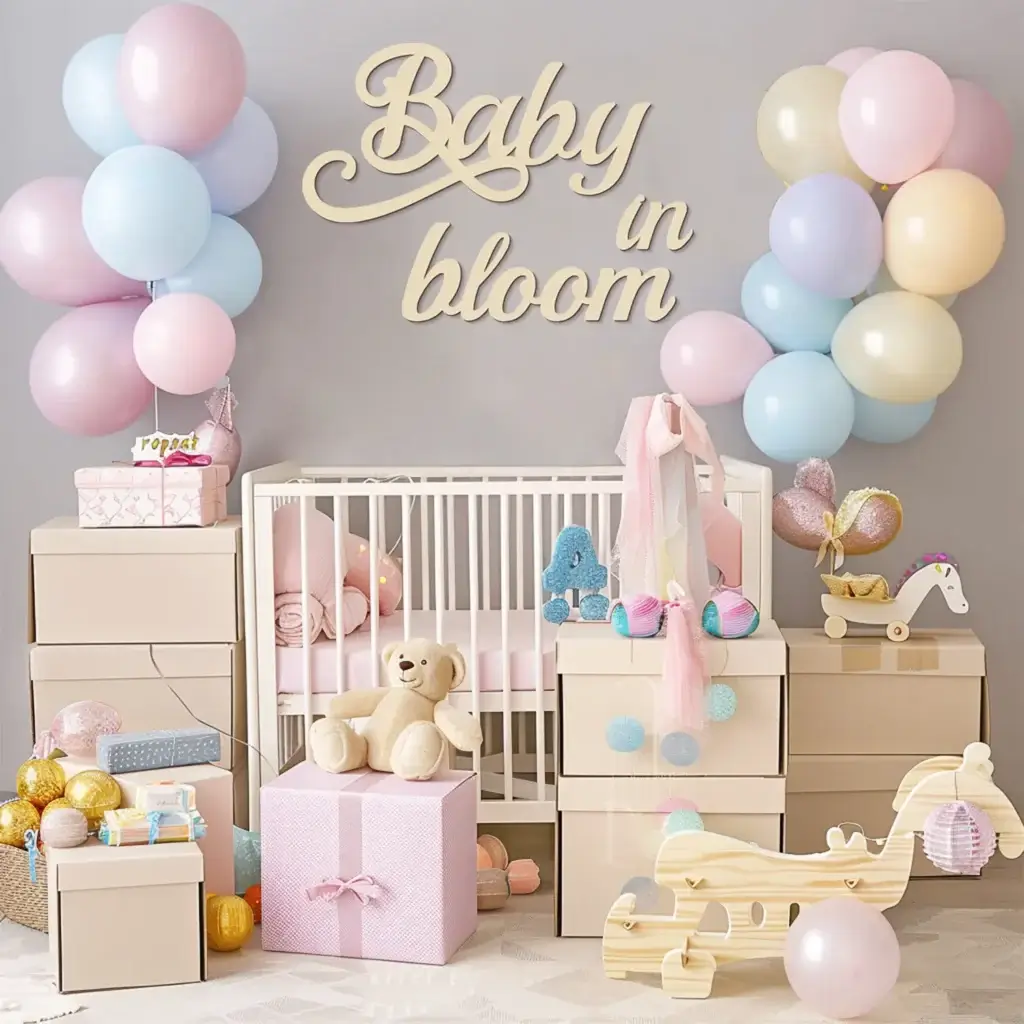 A nursery decorated with pastel balloons, gift boxes, a crib, stuffed toys, and a sign on the wall that reads "Baby in bloom.