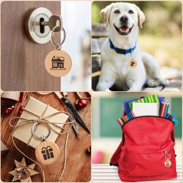A collage showing wooden keychains with different icons: on a door key, a dog collar, a wrapped gift, and a red backpack filled with school supplies.
