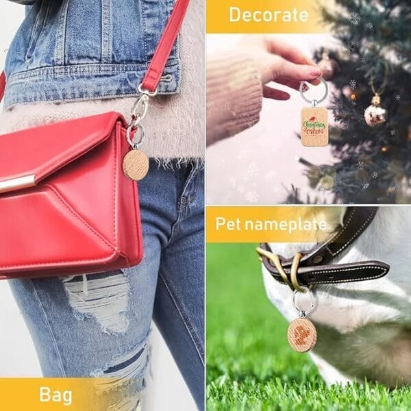A round wooden tag is shown attached to a red bag, used as a Christmas tree ornament, and as a pet nameplate on a dog collar.